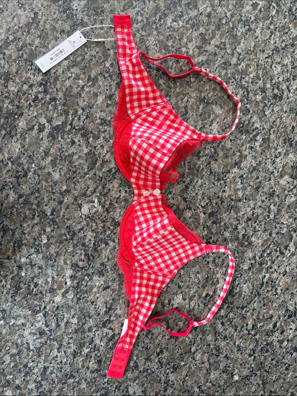 Adore Me Red Gingham Lace Bra with Button Accent